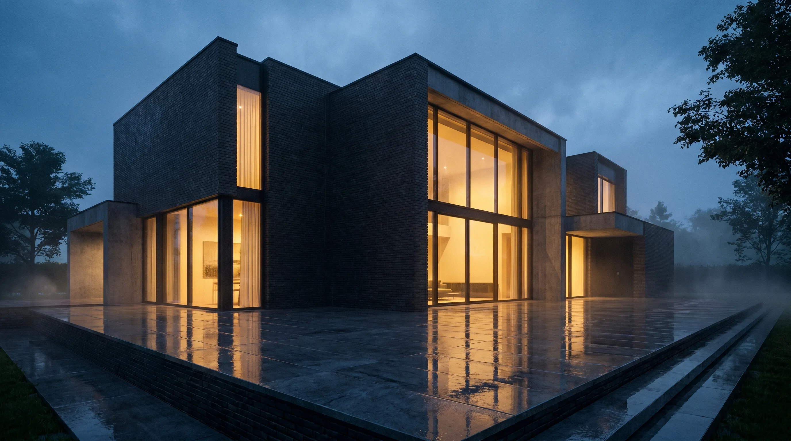 Moderne nieuwbouwvilla bij valavond